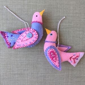 Handmade handcrafted felt ornaments birds embroidery beeds pink purple